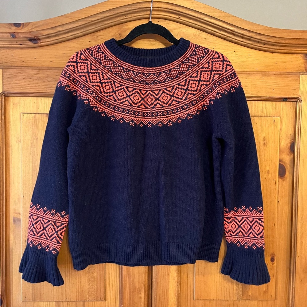 J. Crew Navy and Coral Patterned Sweater with Ruffle Cuff